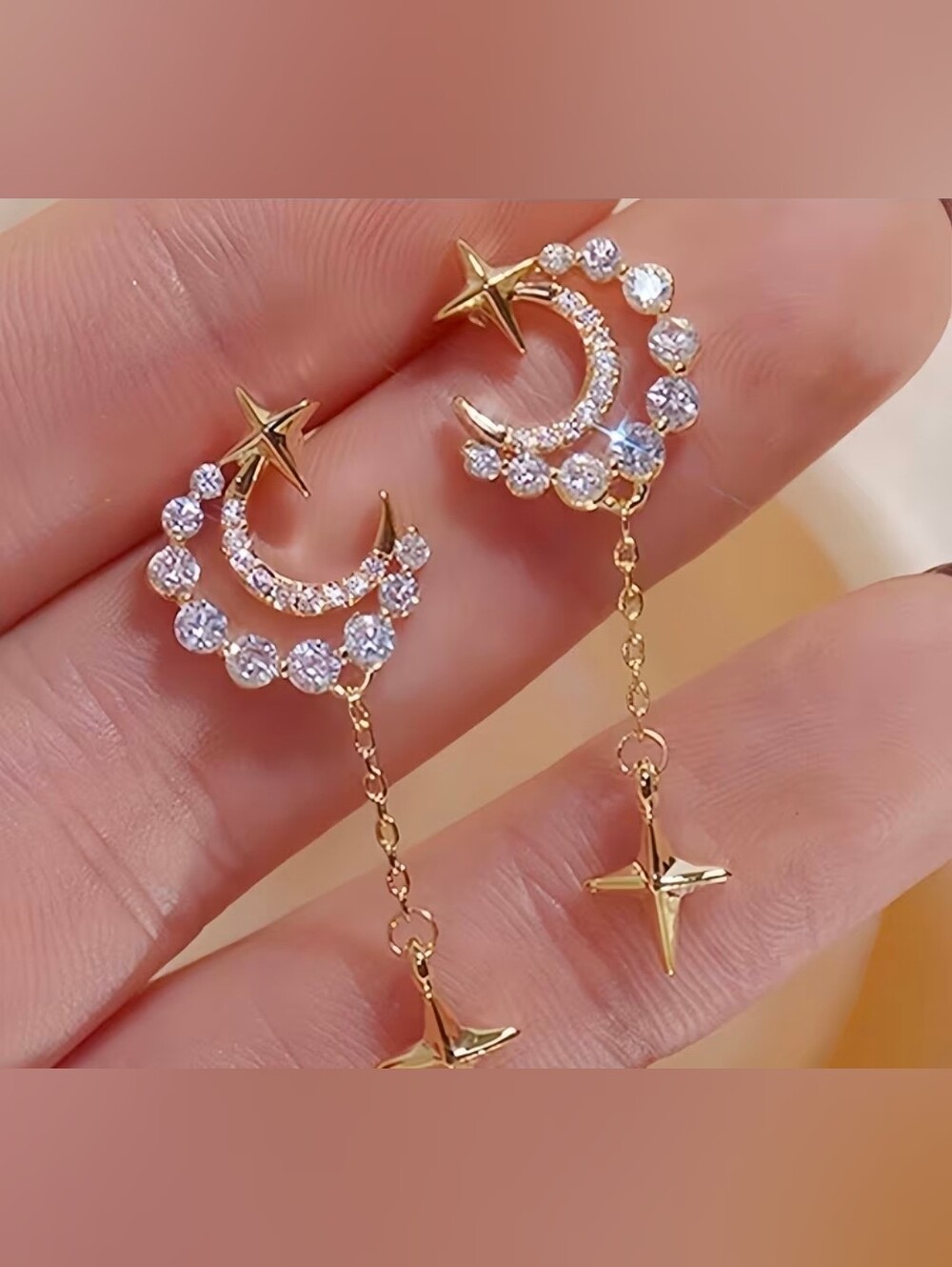 $8 Each Or Bundle 5/$20 Gold Moon & Star Drop Earrings with Clear Crystals